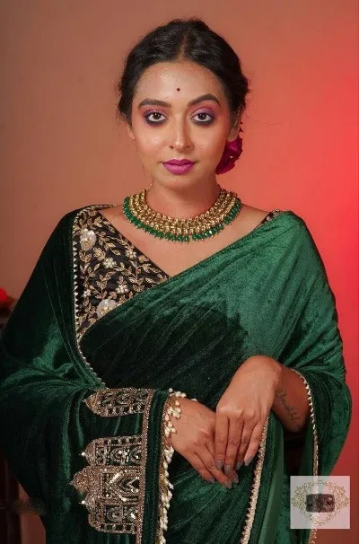 Bottle Green Viscose Velvet Designer Saree