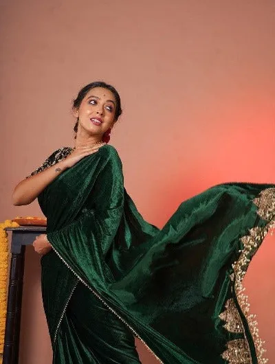 Bottle Green Viscose Velvet Designer Saree