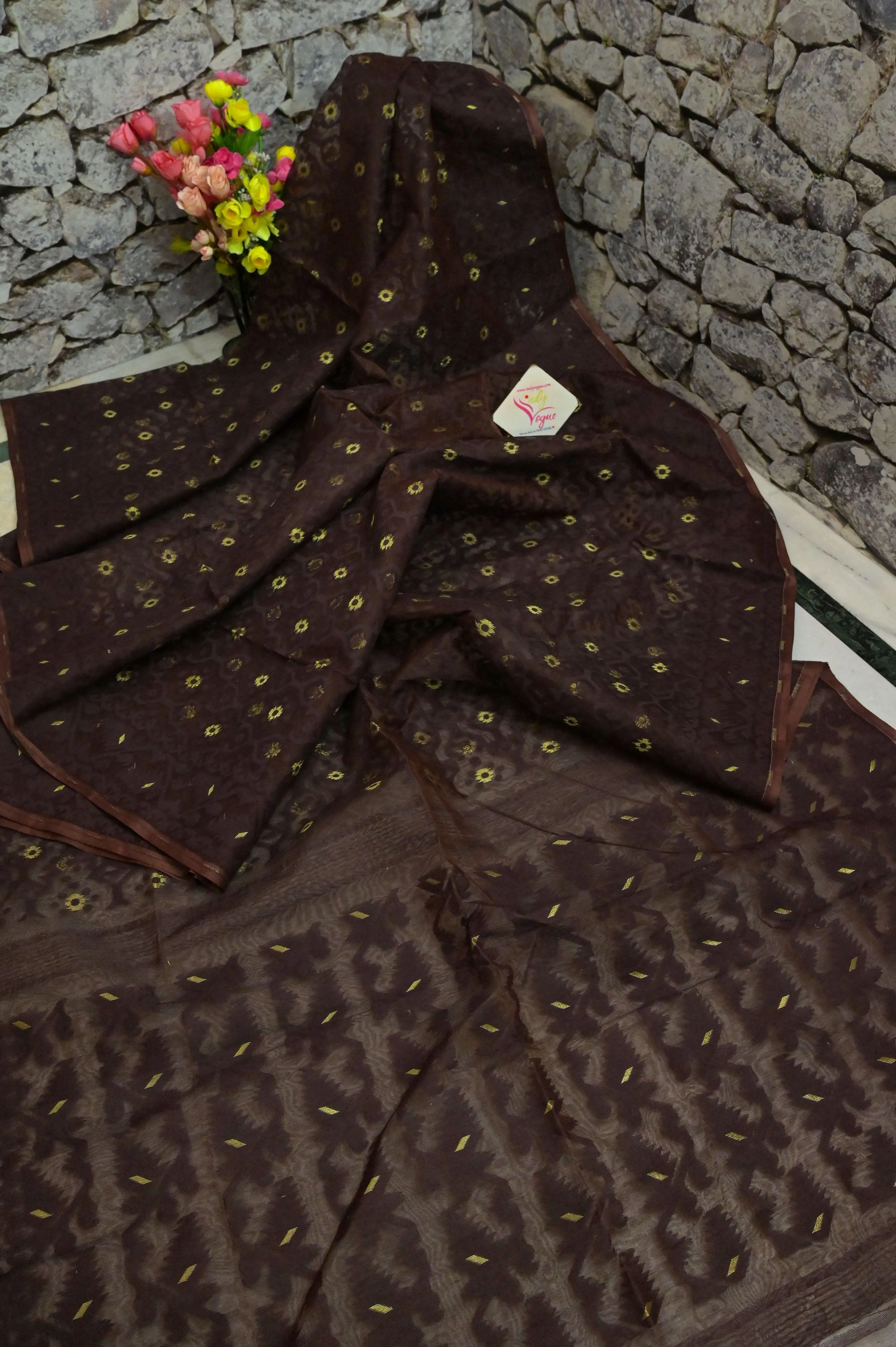 Brown Color Pure Jamdani Saree with Brocade Blouse Piece