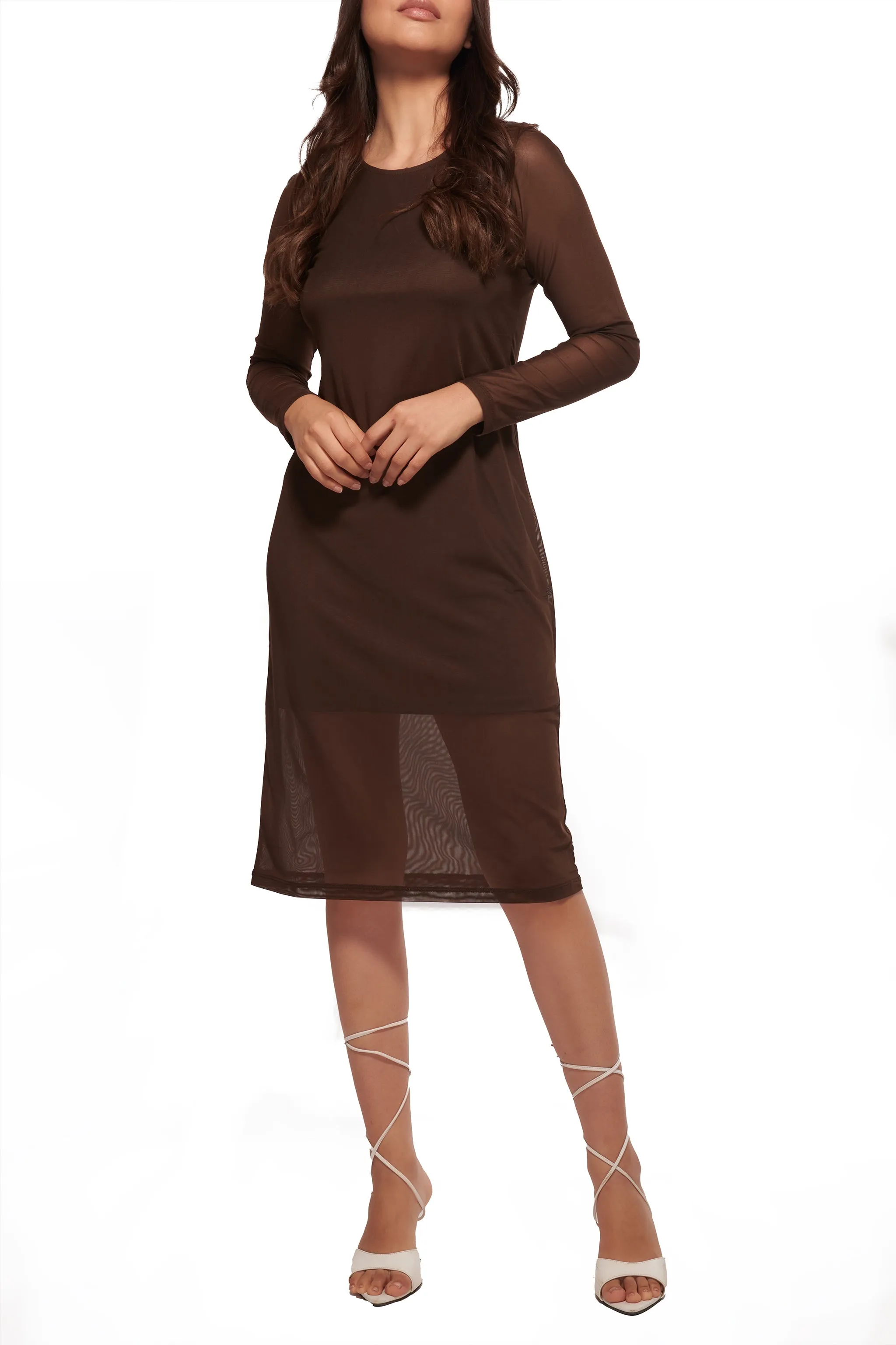 Brown Mesh Layered Midi Dress