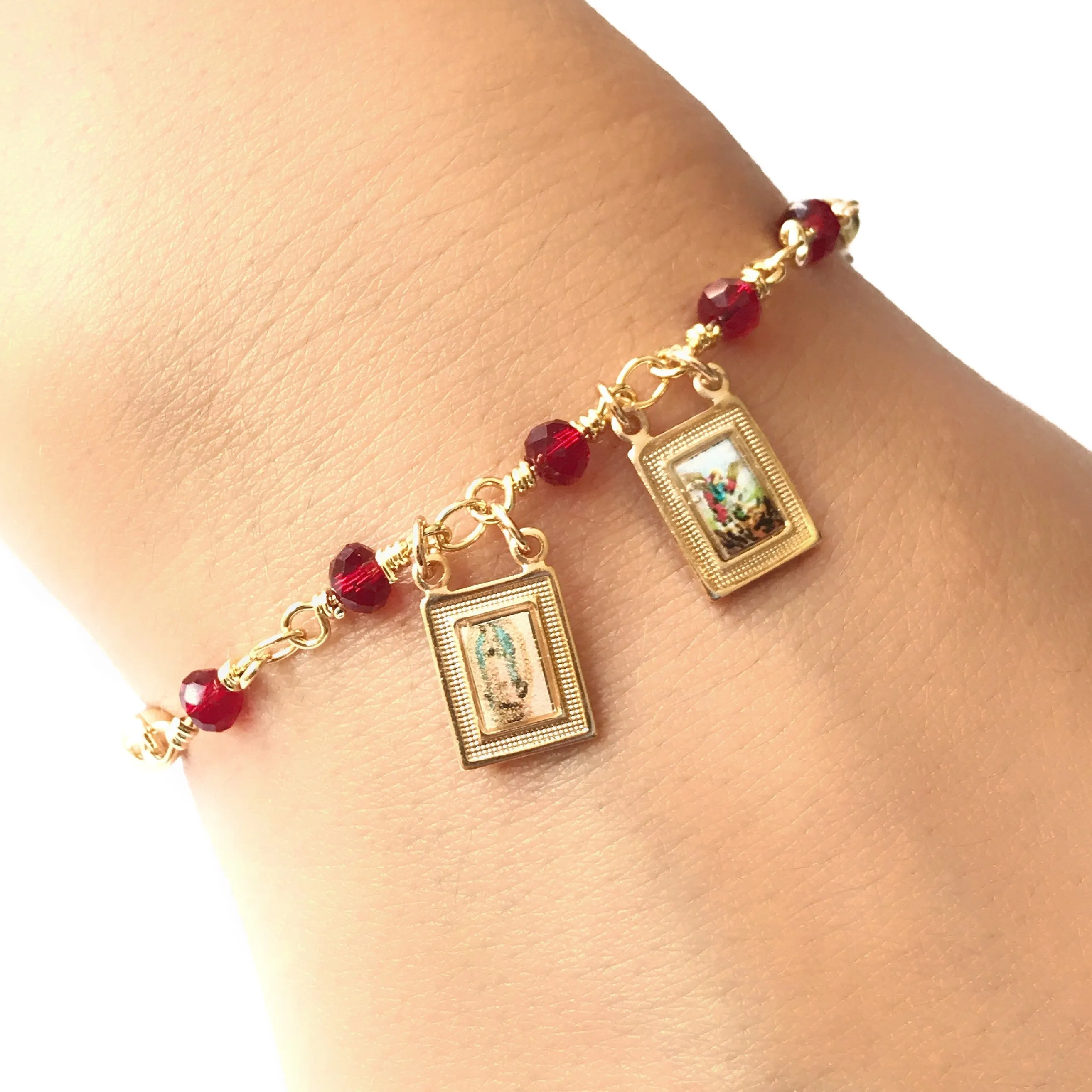 Brown Scapular Adjustable Bracelet Our Lady of Guadalupe and Saint Michael Archangel Medal