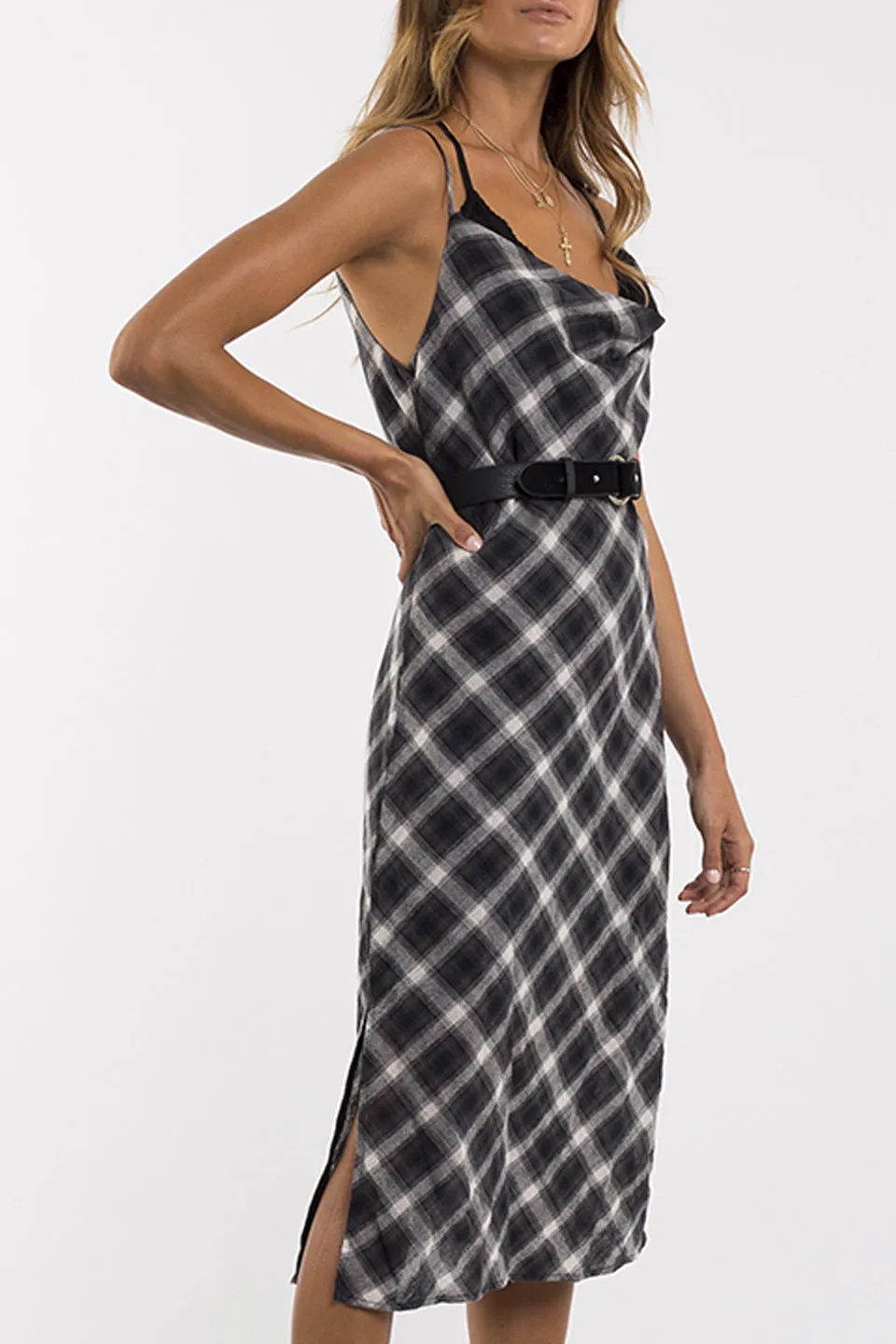 Courtney Strappy Slip Cowl Neck Black Check Dress