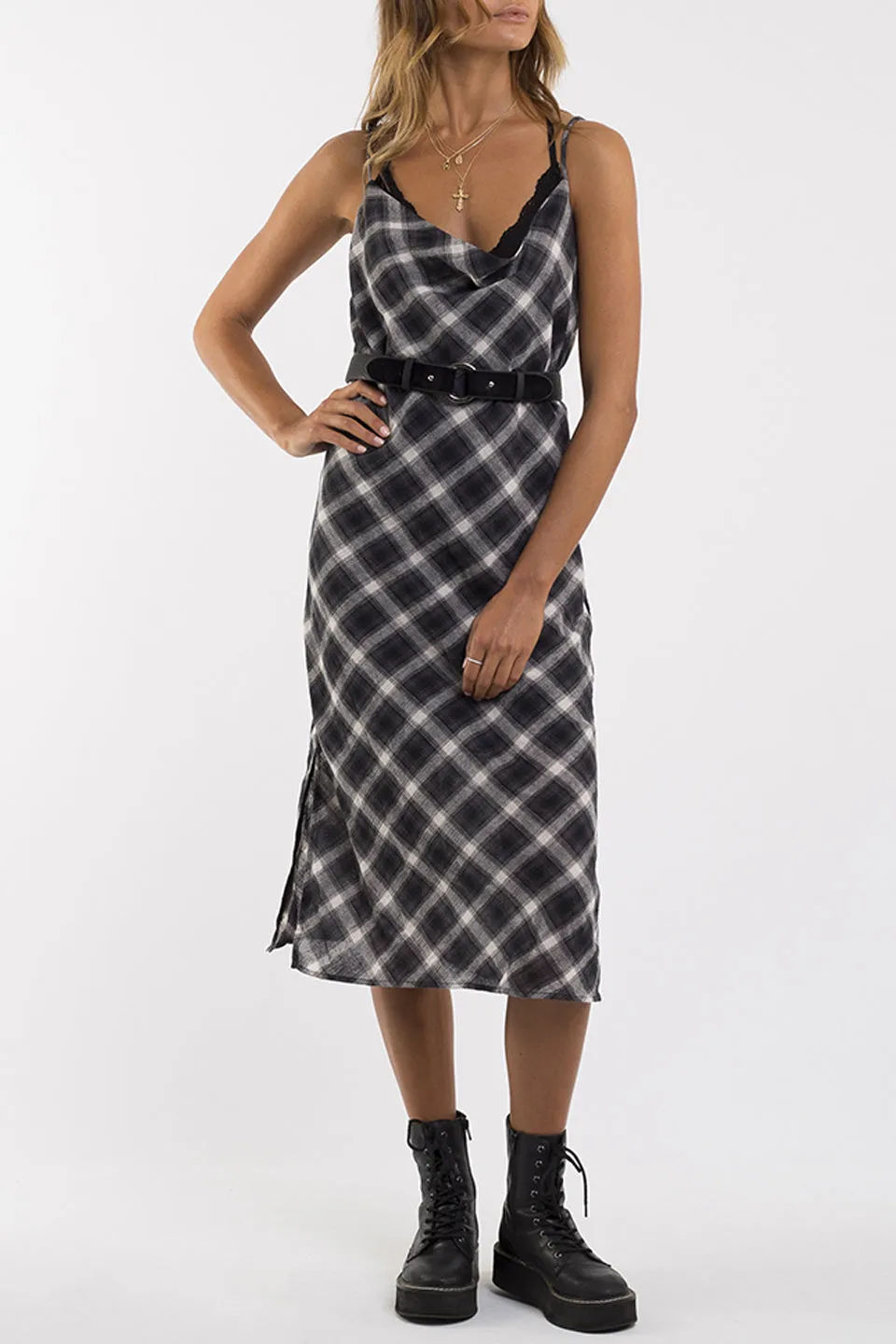 Courtney Strappy Slip Cowl Neck Black Check Dress