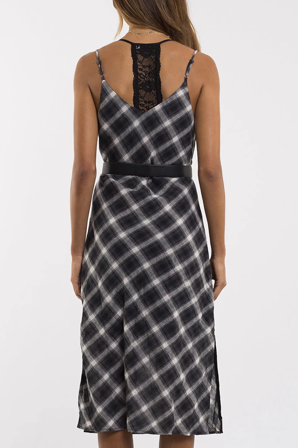 Courtney Strappy Slip Cowl Neck Black Check Dress