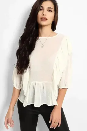 Cream Dobby Mesh Frill Details Blouse