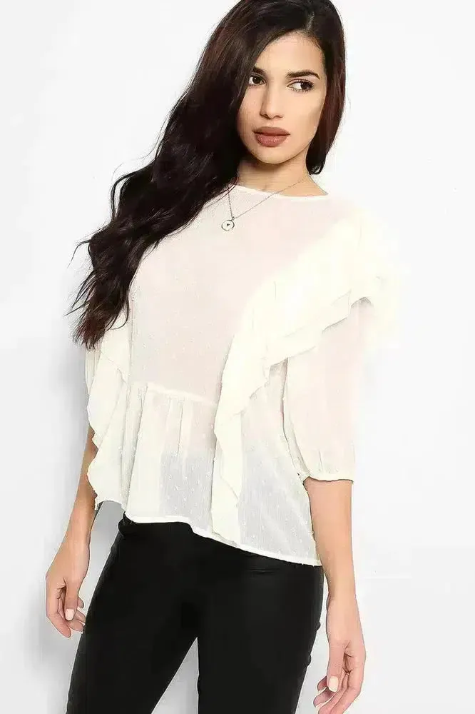 Cream Dobby Mesh Frill Details Blouse