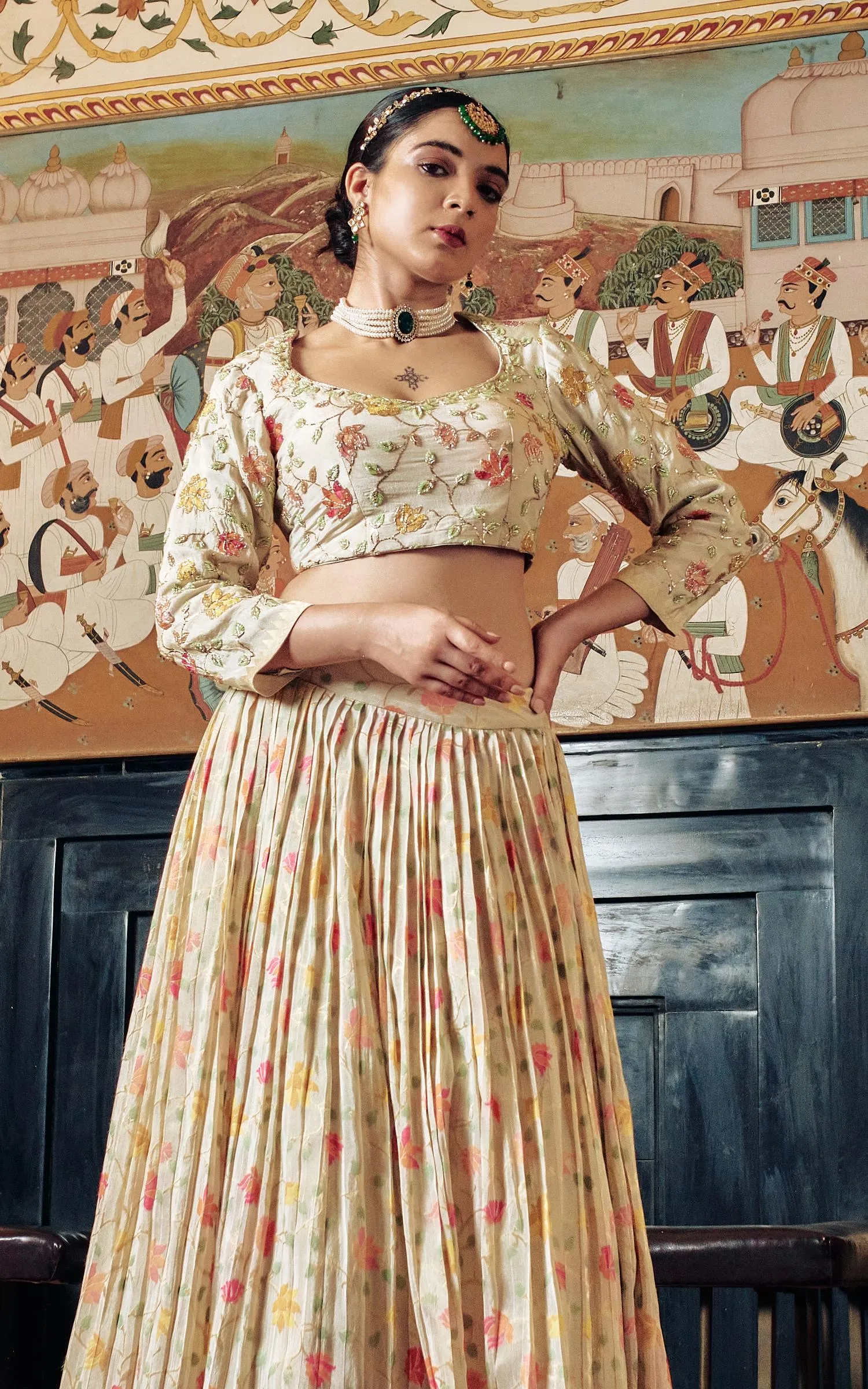 Cream Embroidered Brocade Silk Lehenga Set