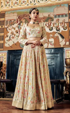 Cream Embroidered Brocade Silk Lehenga Set