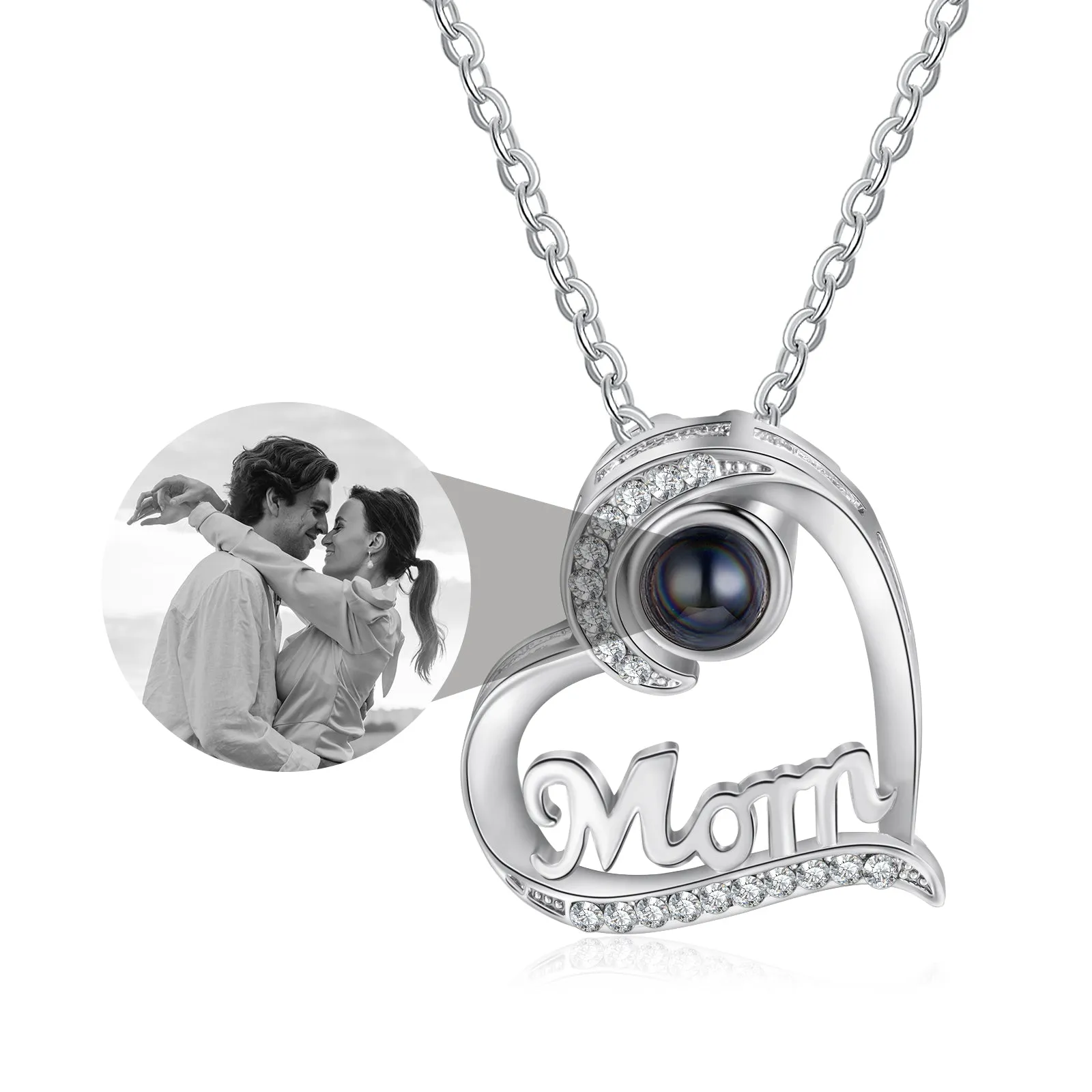 Custom Mom Heart Photo Projection Necklace - Color or Black and White