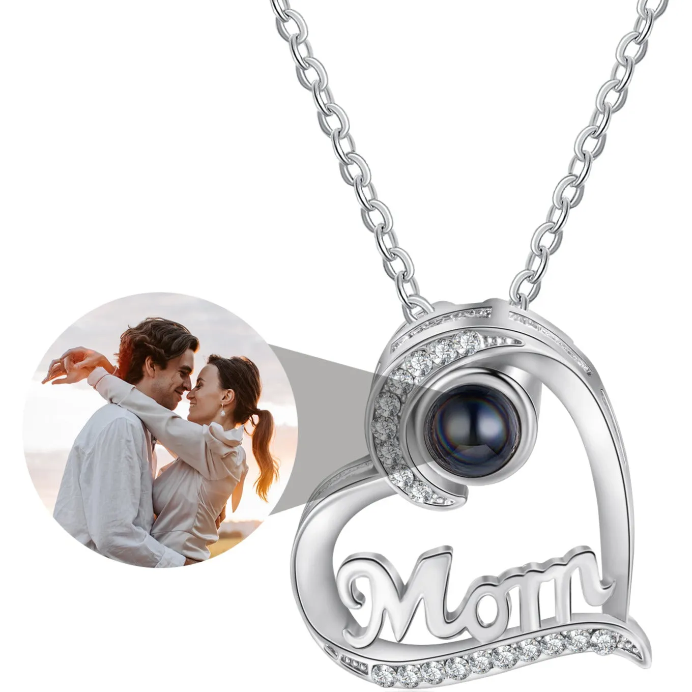 Custom Mom Heart Photo Projection Necklace - Color or Black and White