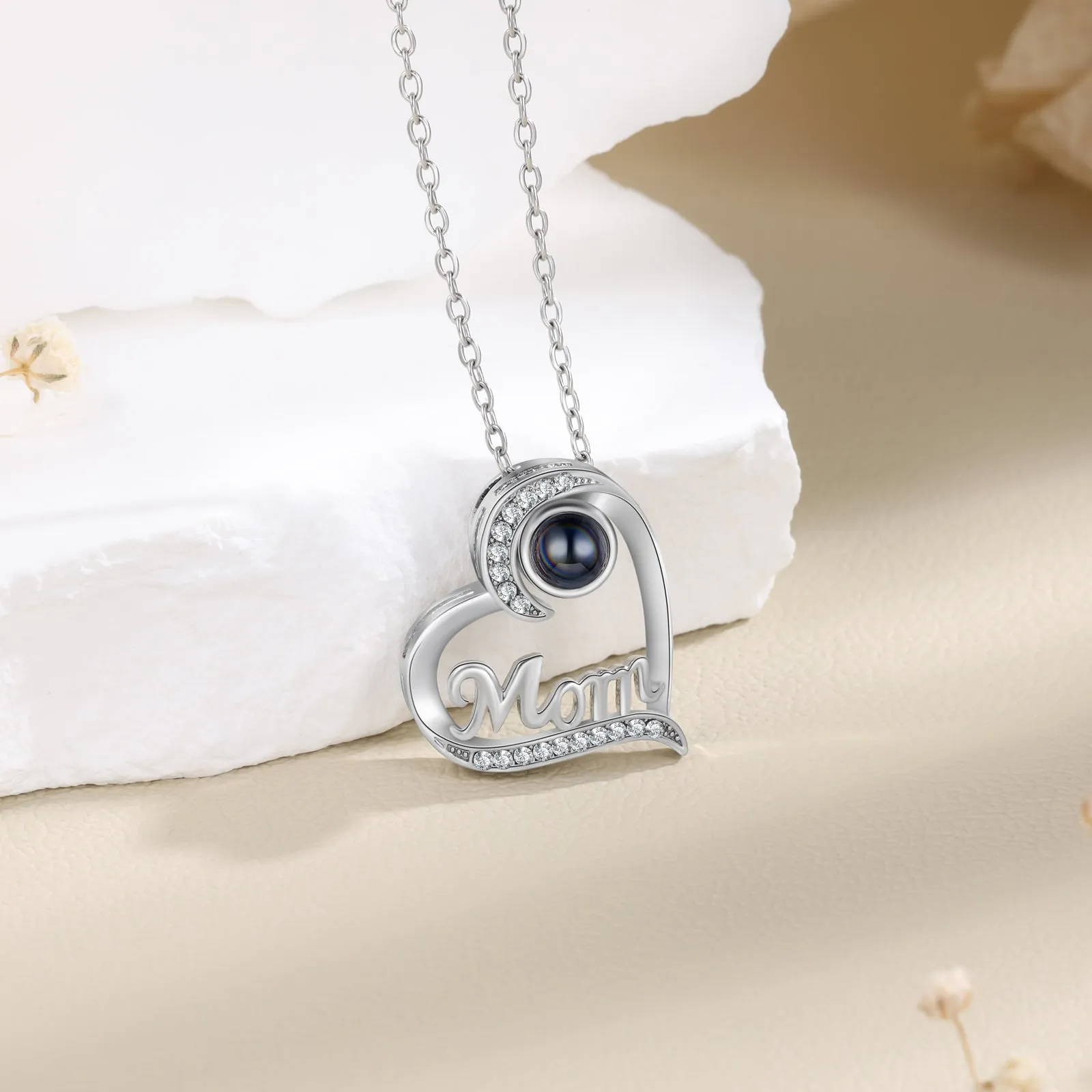 Custom Mom Heart Photo Projection Necklace - Color or Black and White