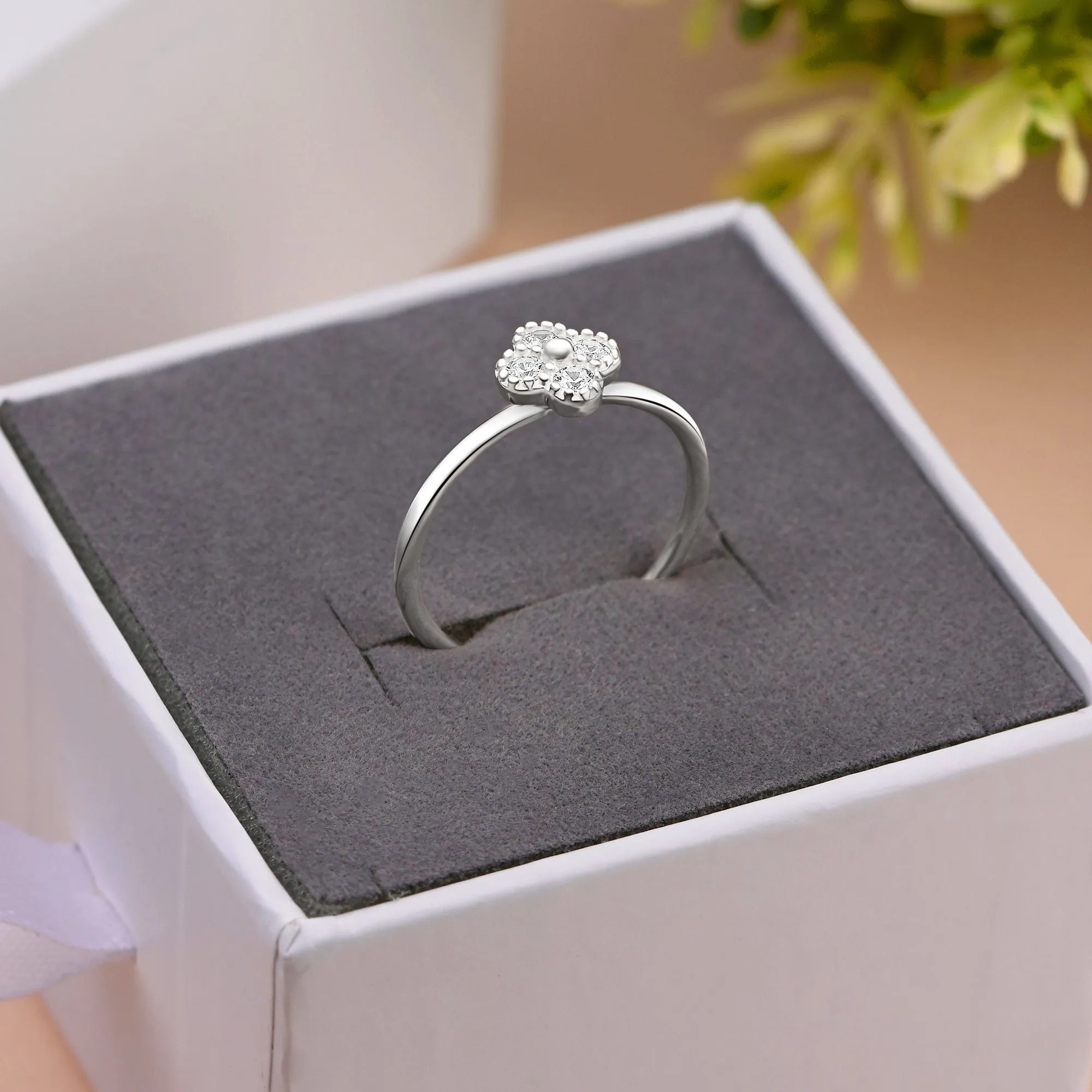 CZ Lucky Clover Silver Stackable Ring