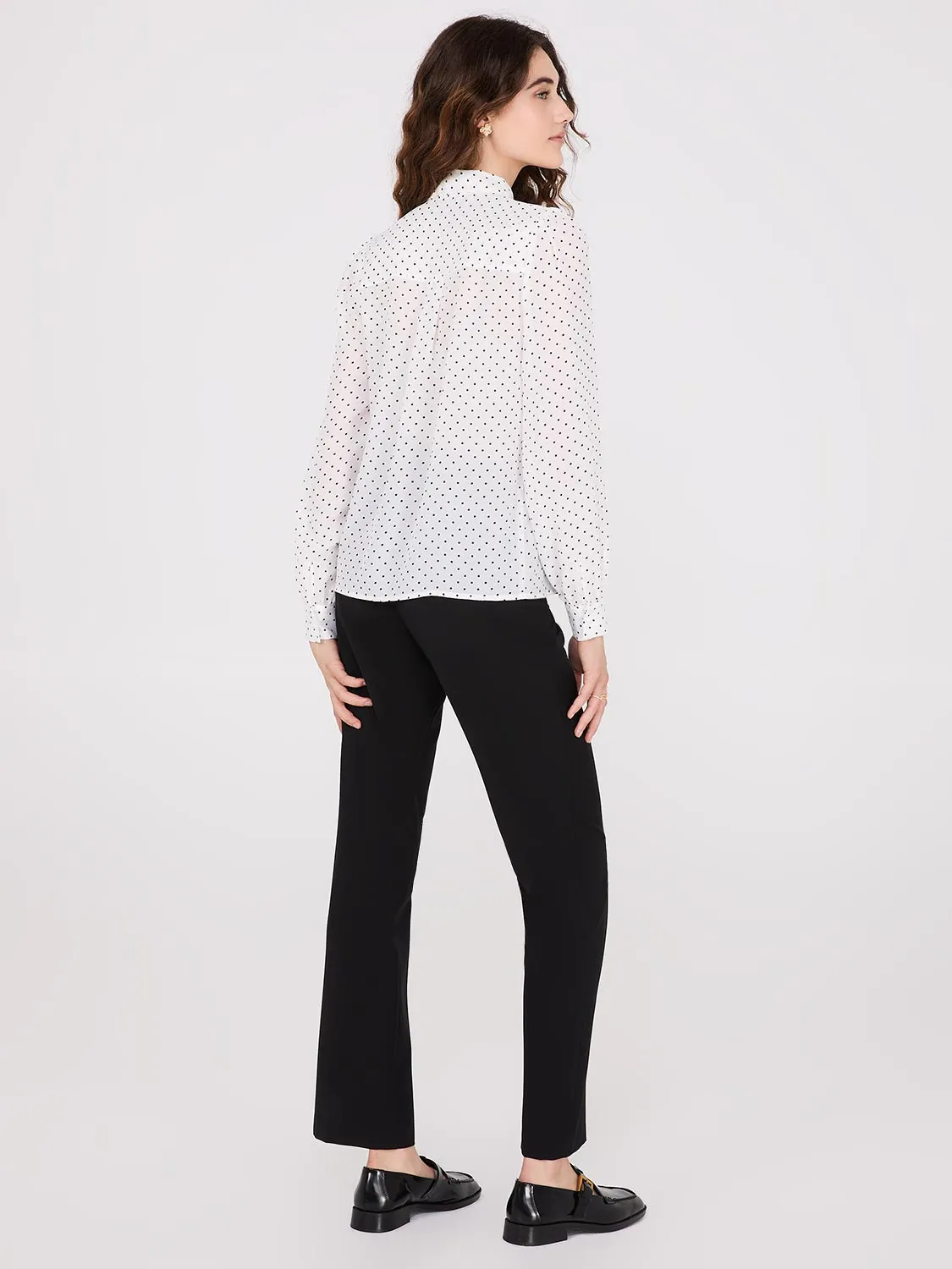 Dot Print Ruffle Button-Front Blouse