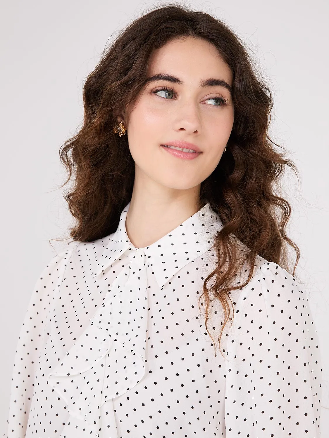 Dot Print Ruffle Button-Front Blouse