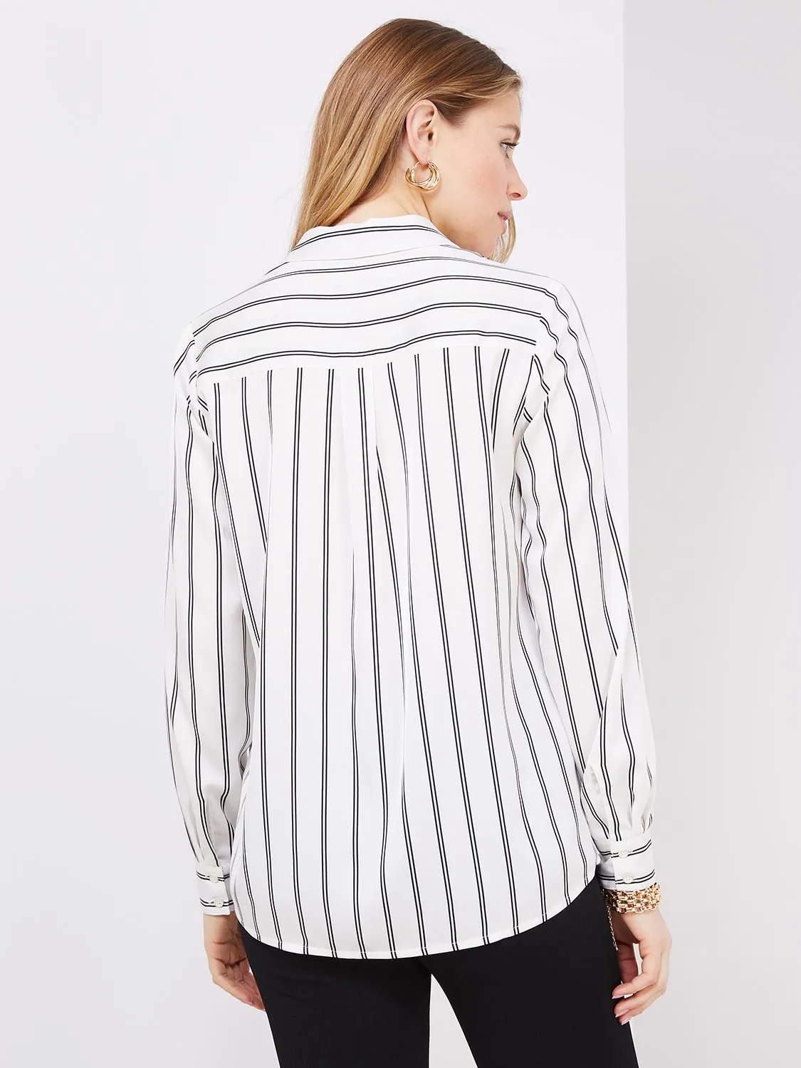 Double Pinstripe Satin Button-Front Blouse