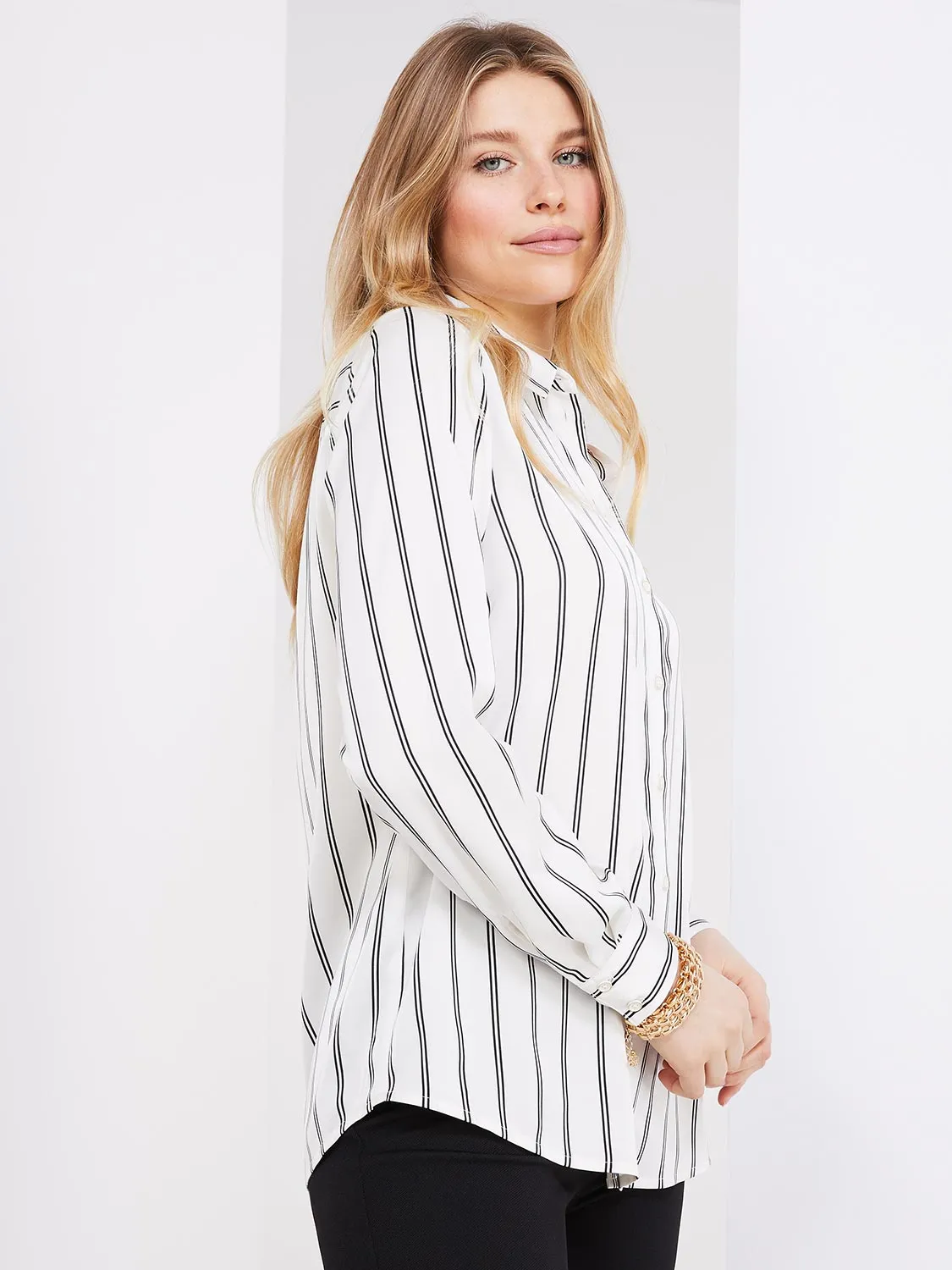 Double Pinstripe Satin Button-Front Blouse