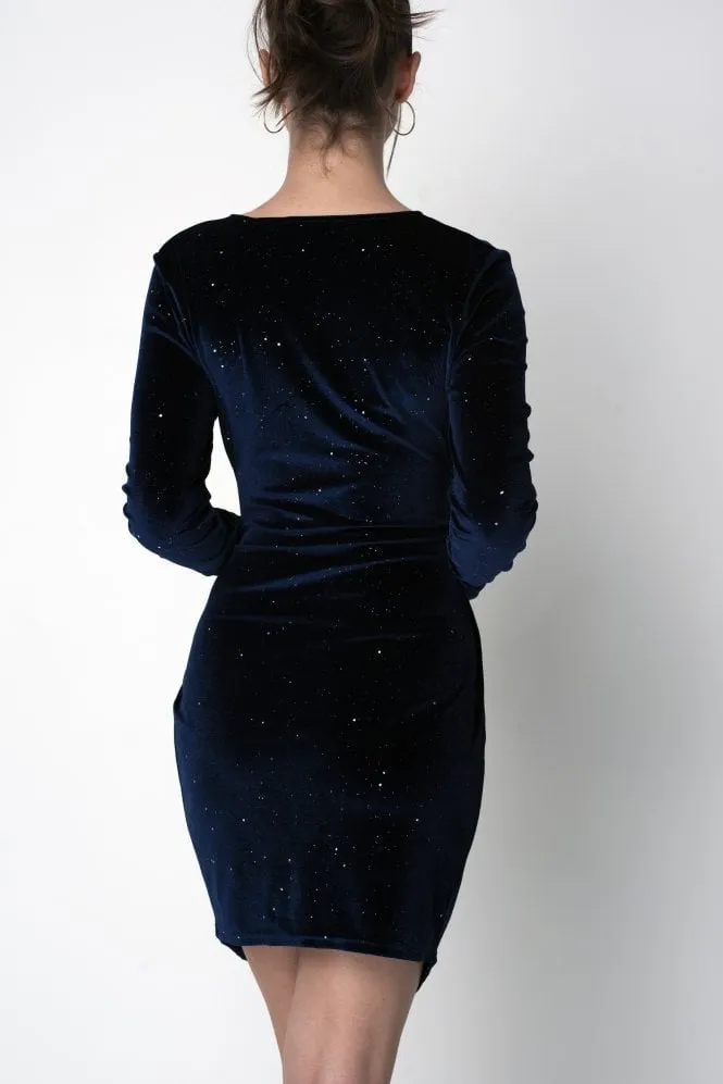 Double Second Navy Velvet Sparkle Bodycon Wrap Dress