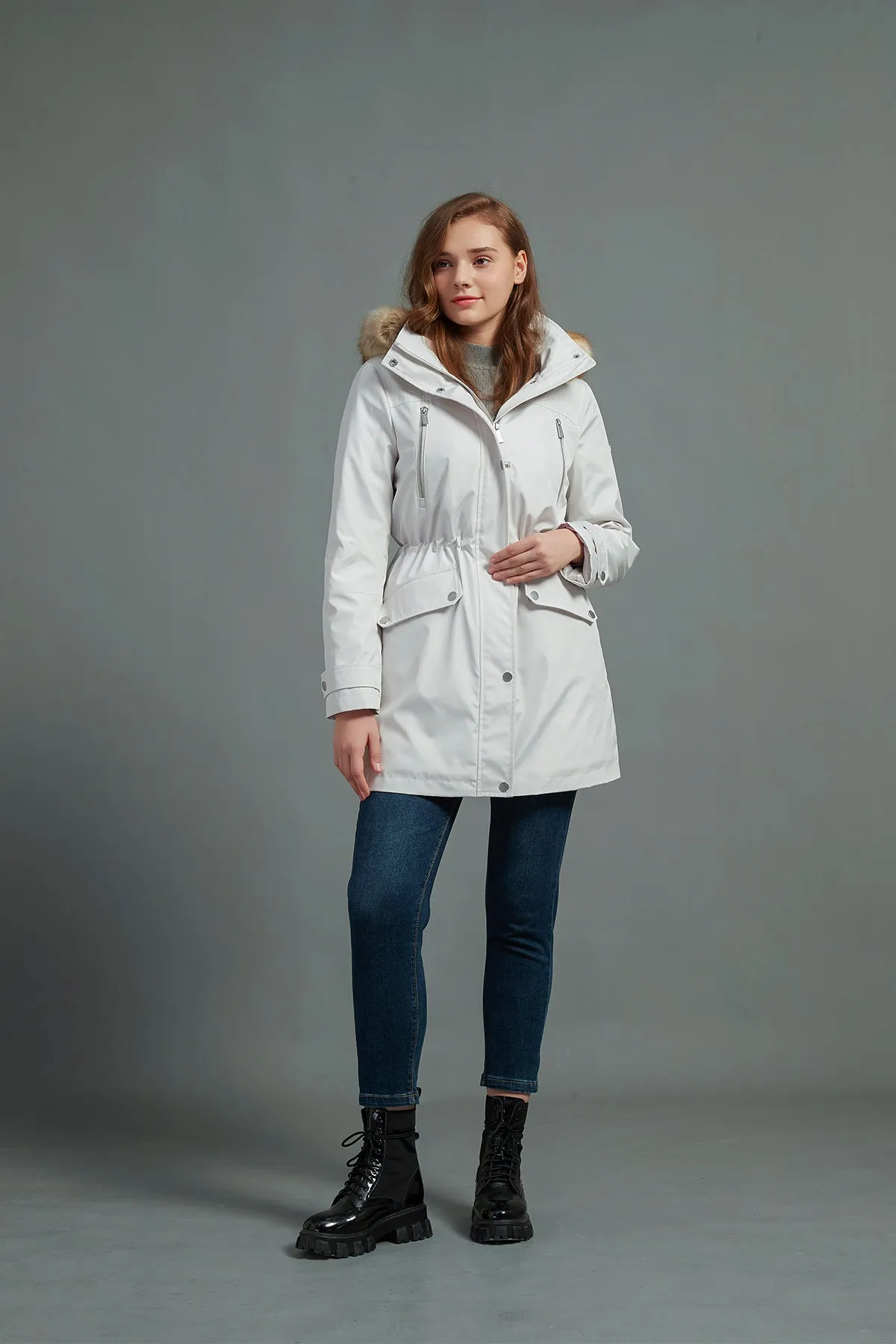 Drawstring Waist Parka Jacket with Removable faux fur hood