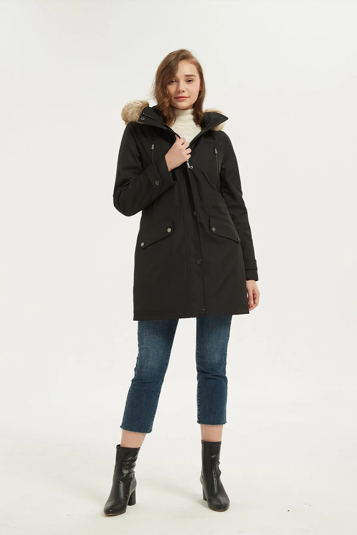 Drawstring Waist Parka Jacket with Removable faux fur hood