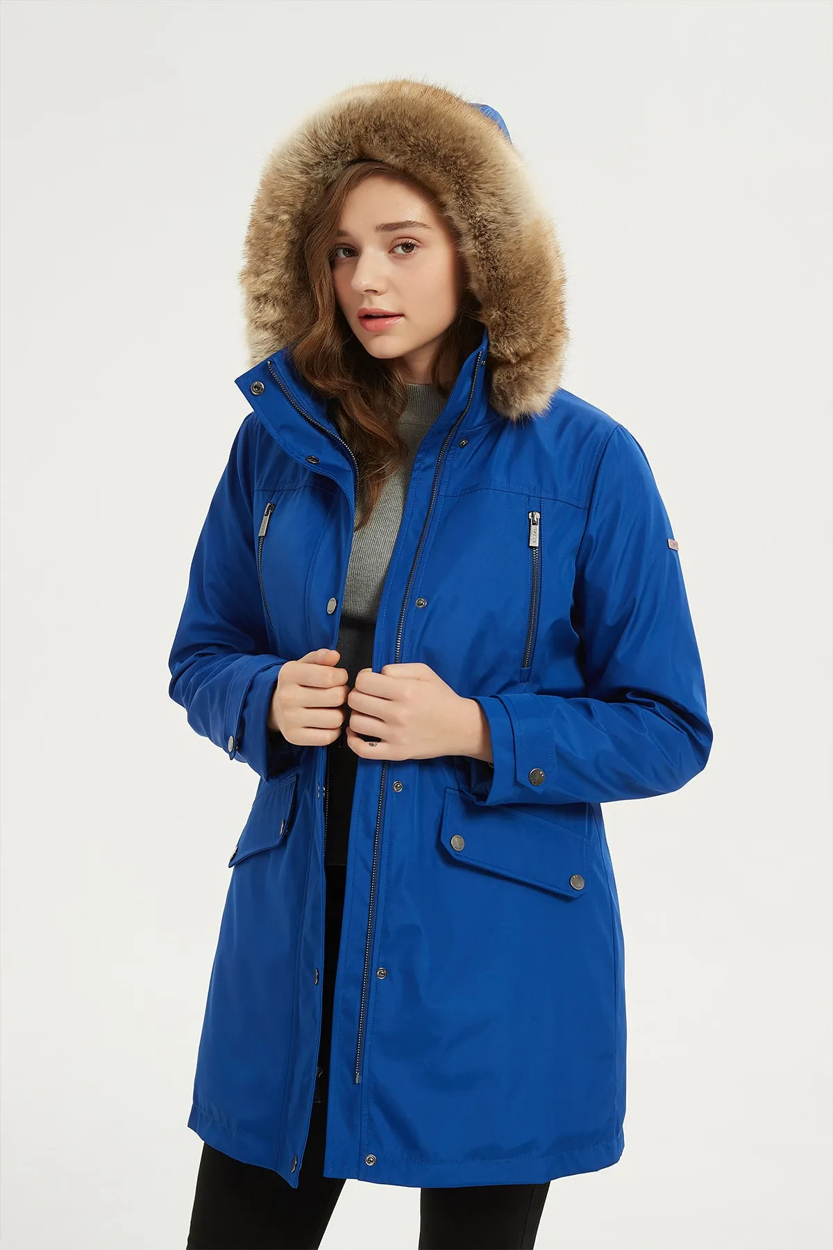 Drawstring Waist Parka Jacket with Removable faux fur hood