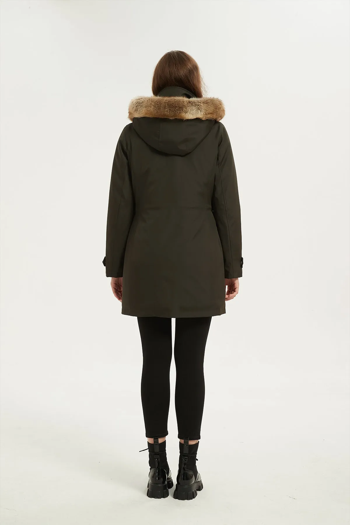 Drawstring Waist Parka Jacket with Removable faux fur hood