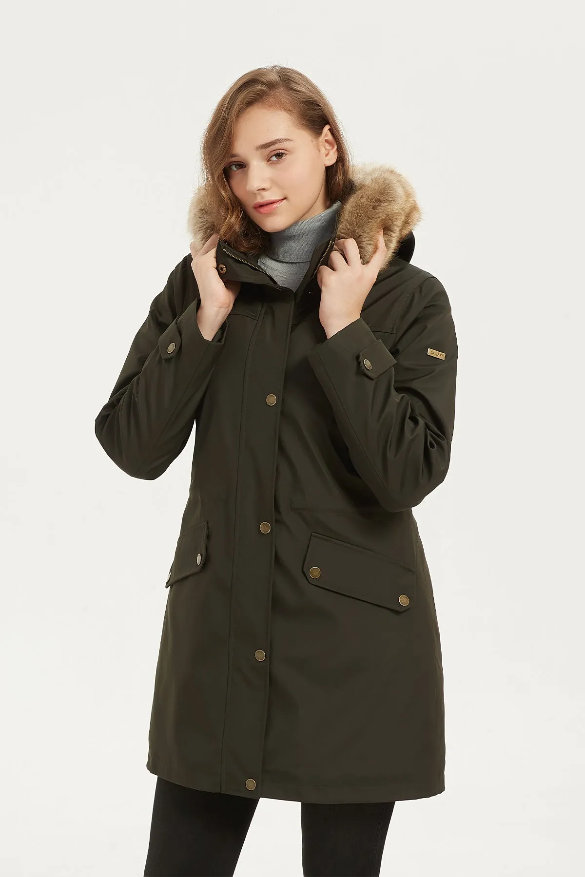 Drawstring Waist Parka Jacket with Removable faux fur hood