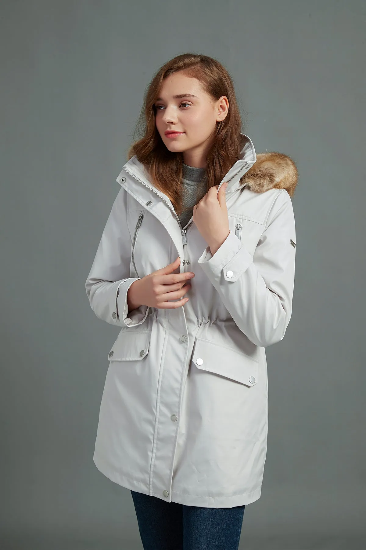 Drawstring Waist Parka Jacket with Removable faux fur hood