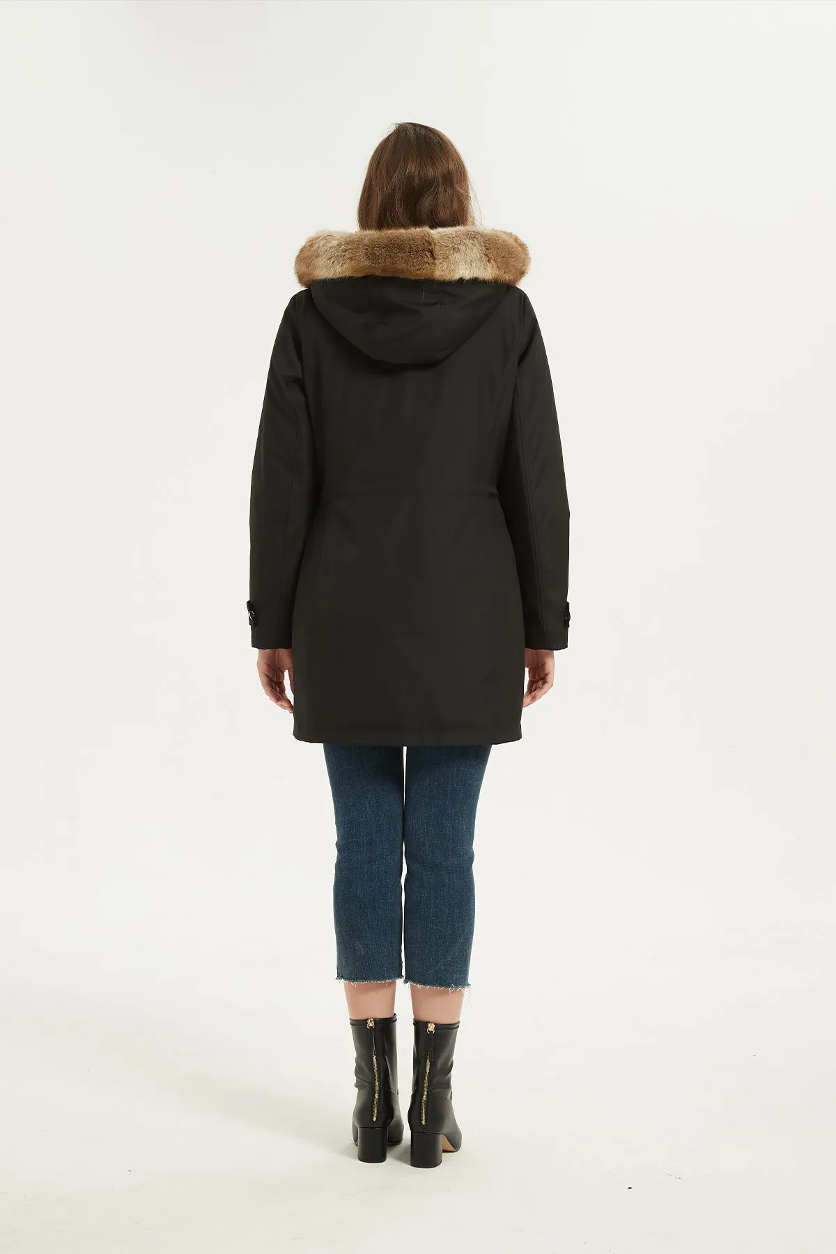 Drawstring Waist Parka Jacket with Removable faux fur hood