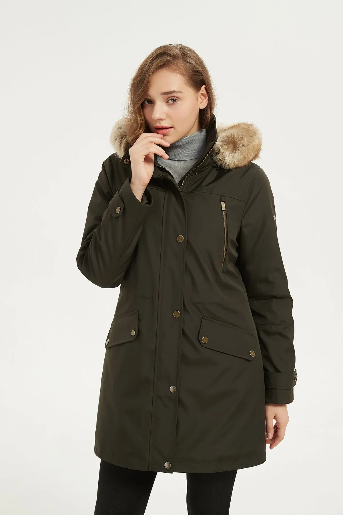 Drawstring Waist Parka Jacket with Removable faux fur hood