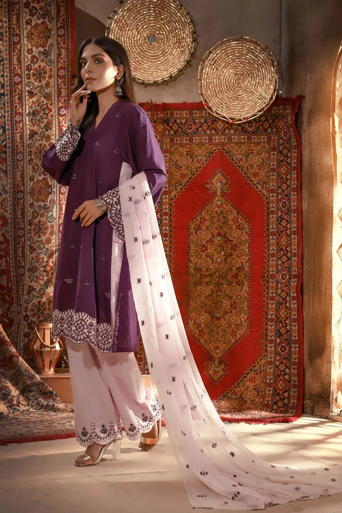 Embroidered Lawn Sleeves with Cotton trousers Plum Color - Addee REHAAM AFSHAN-E-JAHAN