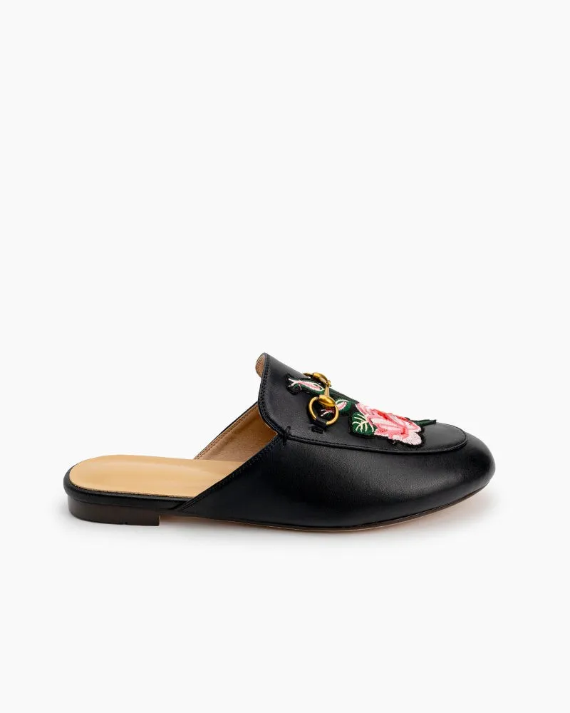 Embroidery Vamp Backless Slip On Mules