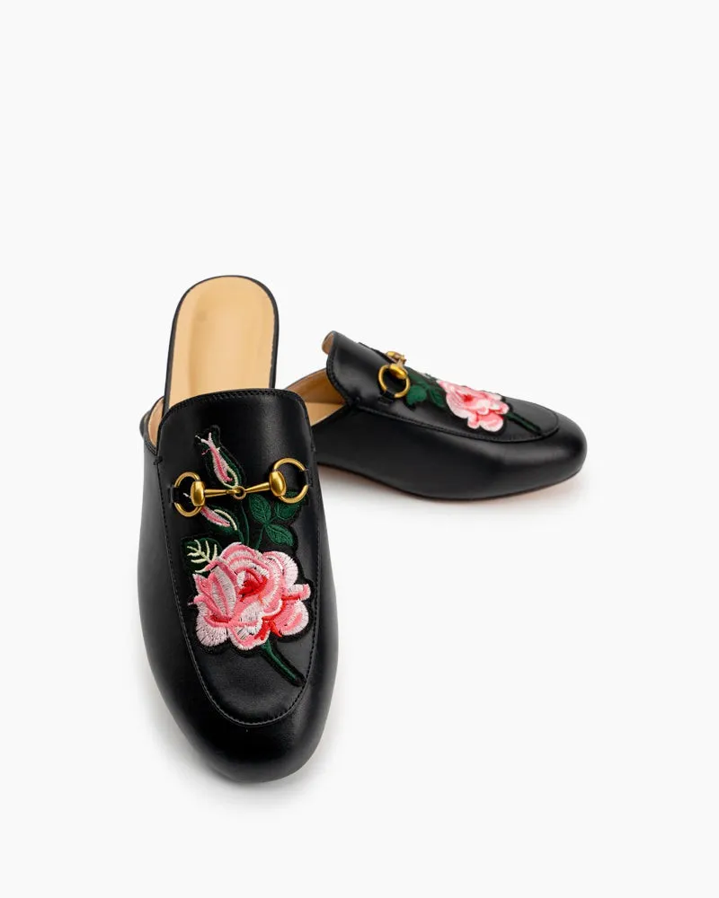 Embroidery Vamp Backless Slip On Mules