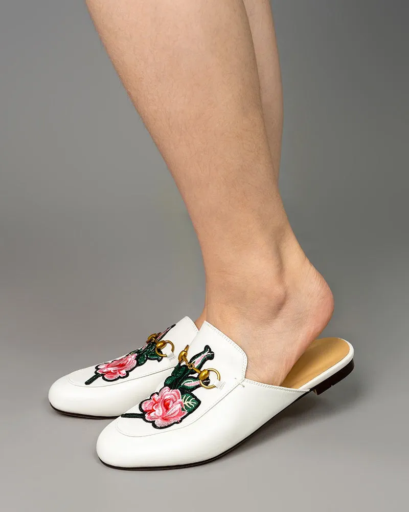 Embroidery Vamp Backless Slip On Mules