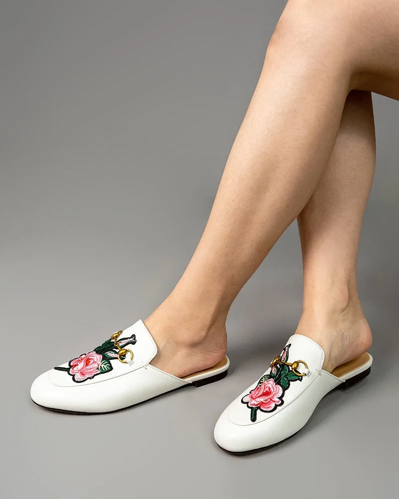 Embroidery Vamp Backless Slip On Mules