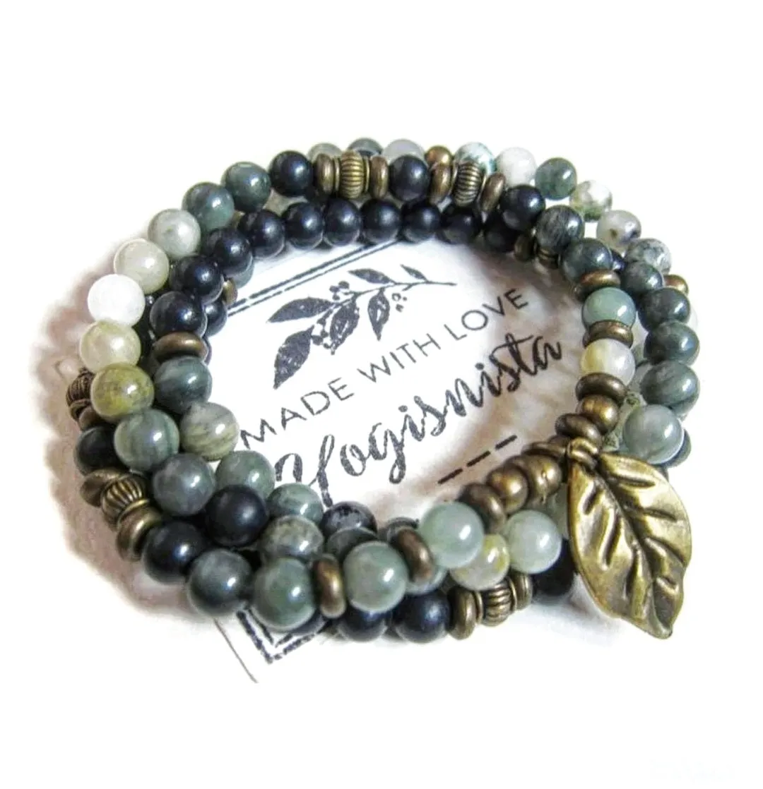 Forest Green Jade, Russian Shungite, Tree Agate Mala Necklace