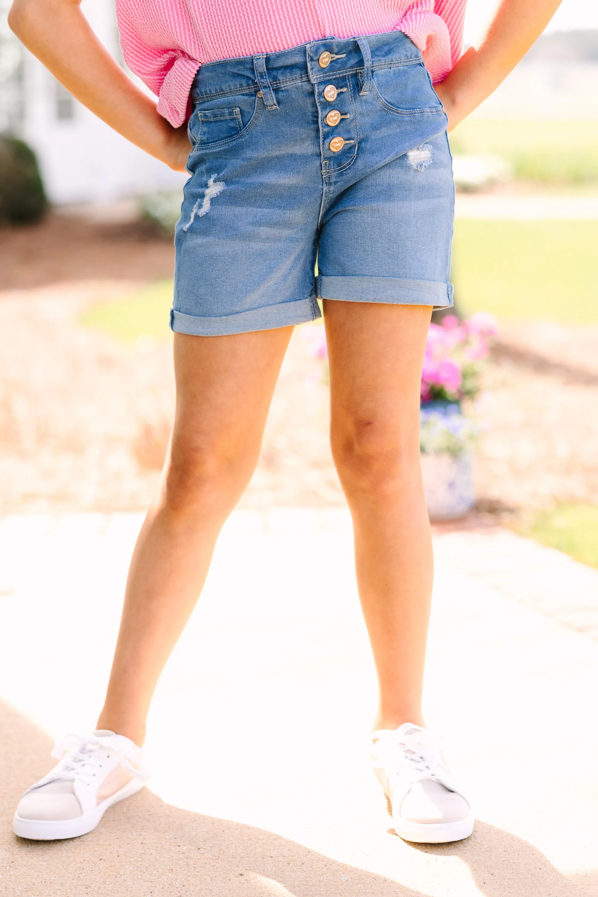 Girls: Summer Dreaming Medium Wash Distressed Shorts