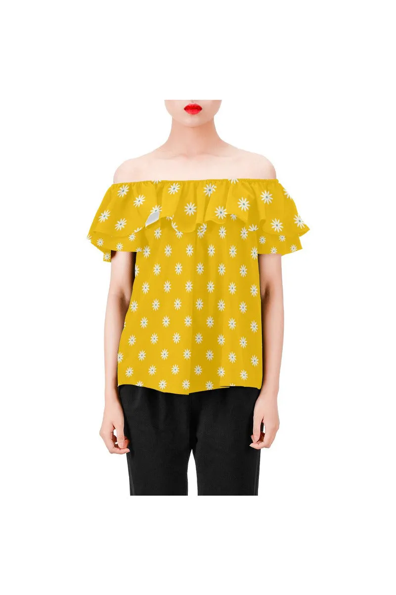 Gold Daisies Women's Off Shoulder Blouse with Ruffle