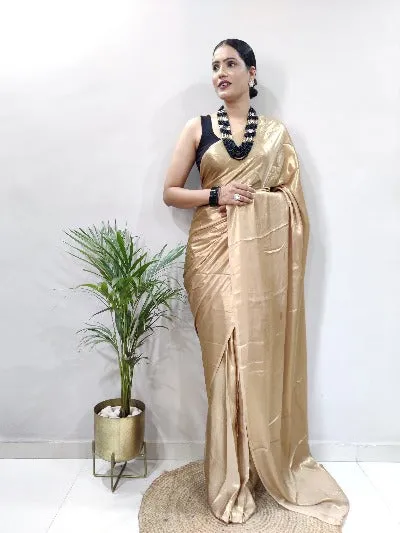 Gold Ready to Wear Shimmer Satin Silk Pre Draped Sari