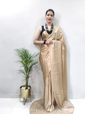 Gold Ready to Wear Shimmer Satin Silk Pre Draped Sari