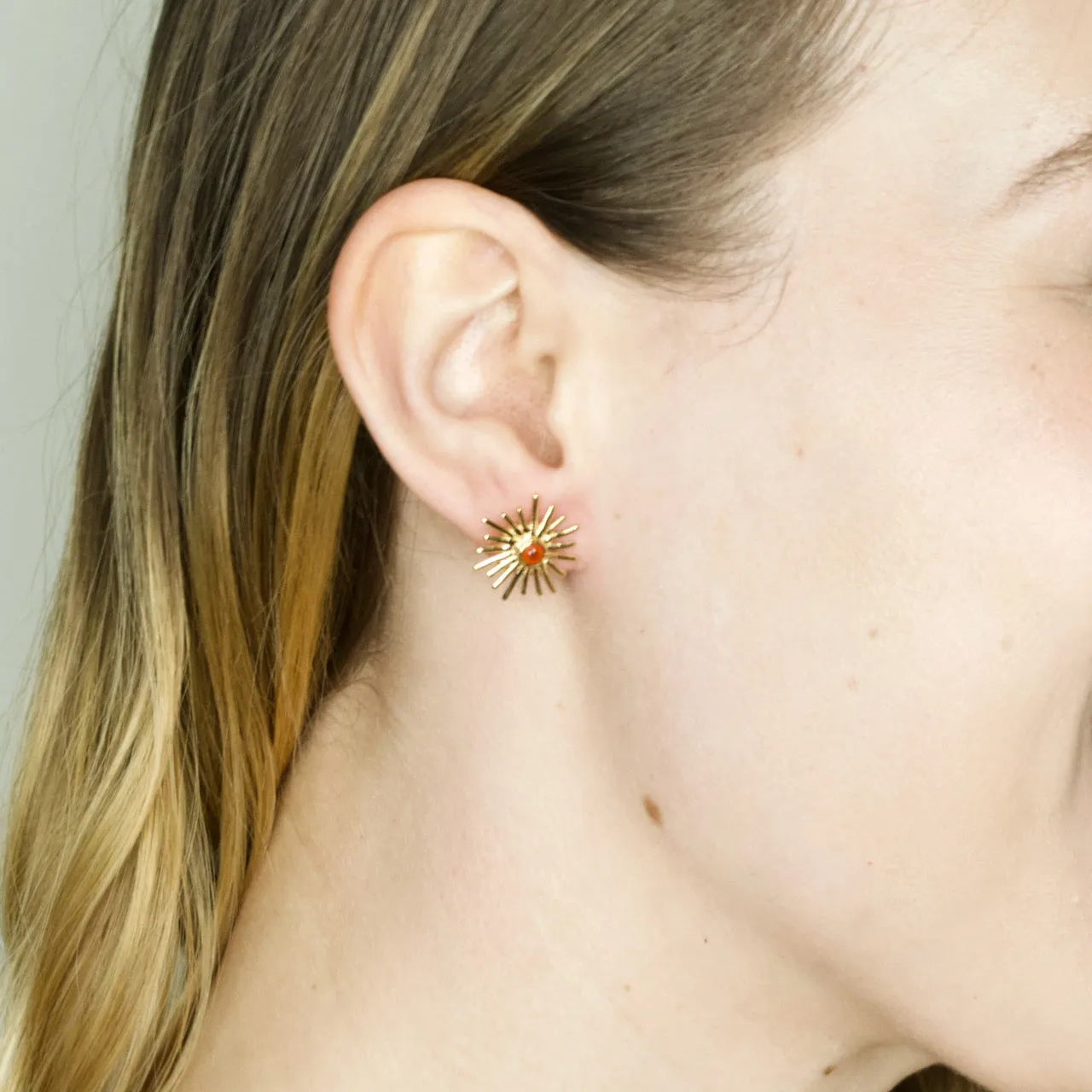 Gold Sunburst Red Onyx Post Earrings