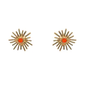 Gold Sunburst Red Onyx Post Earrings