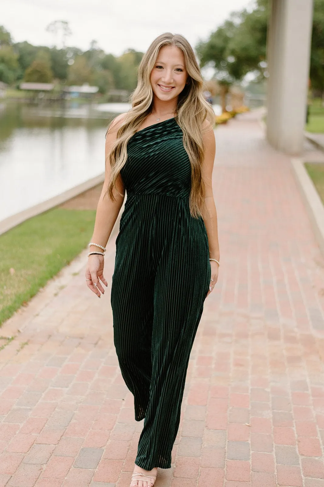 Green Velvet Stripe One Shoulder Jumpsuit