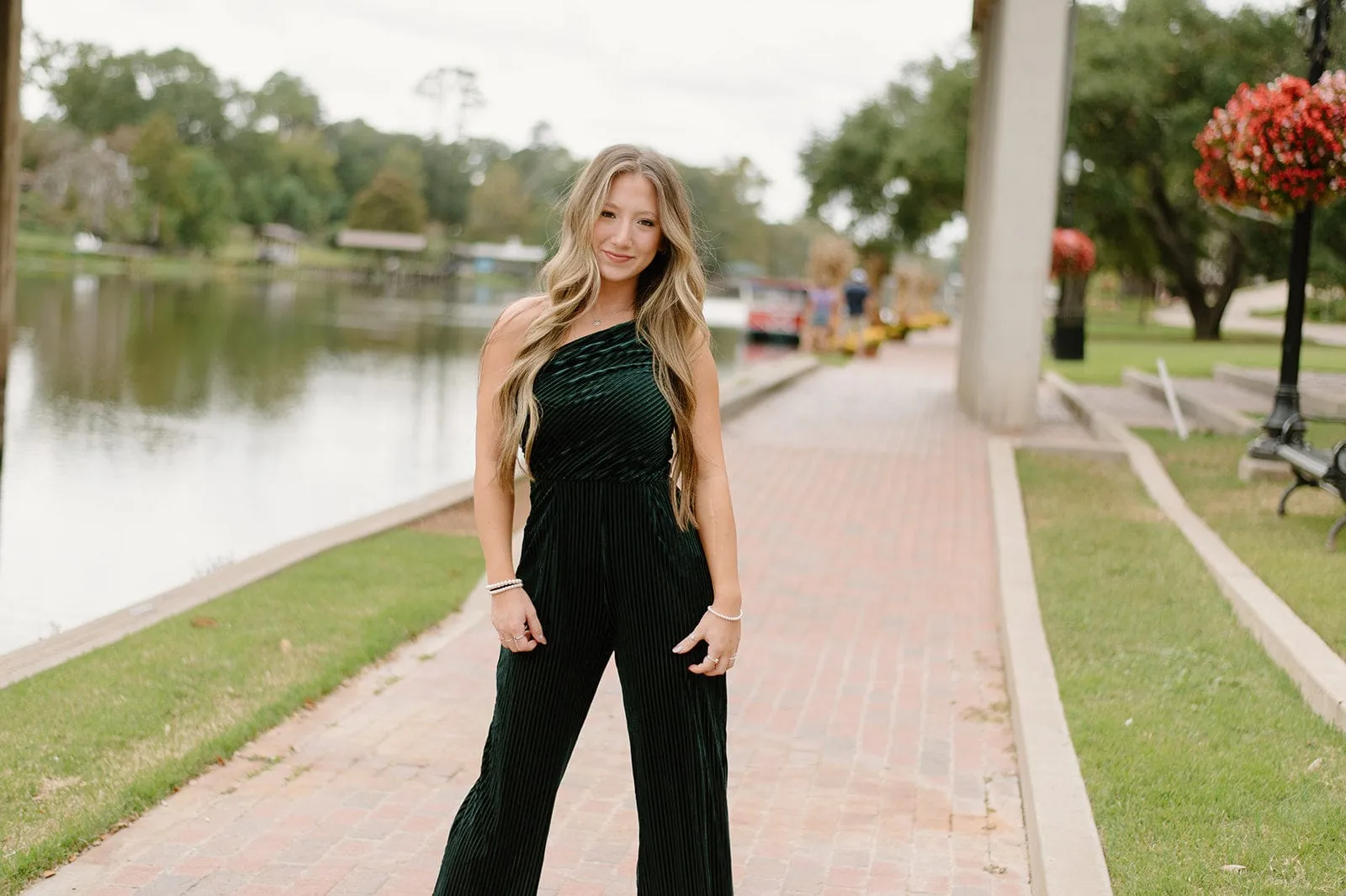 Green Velvet Stripe One Shoulder Jumpsuit