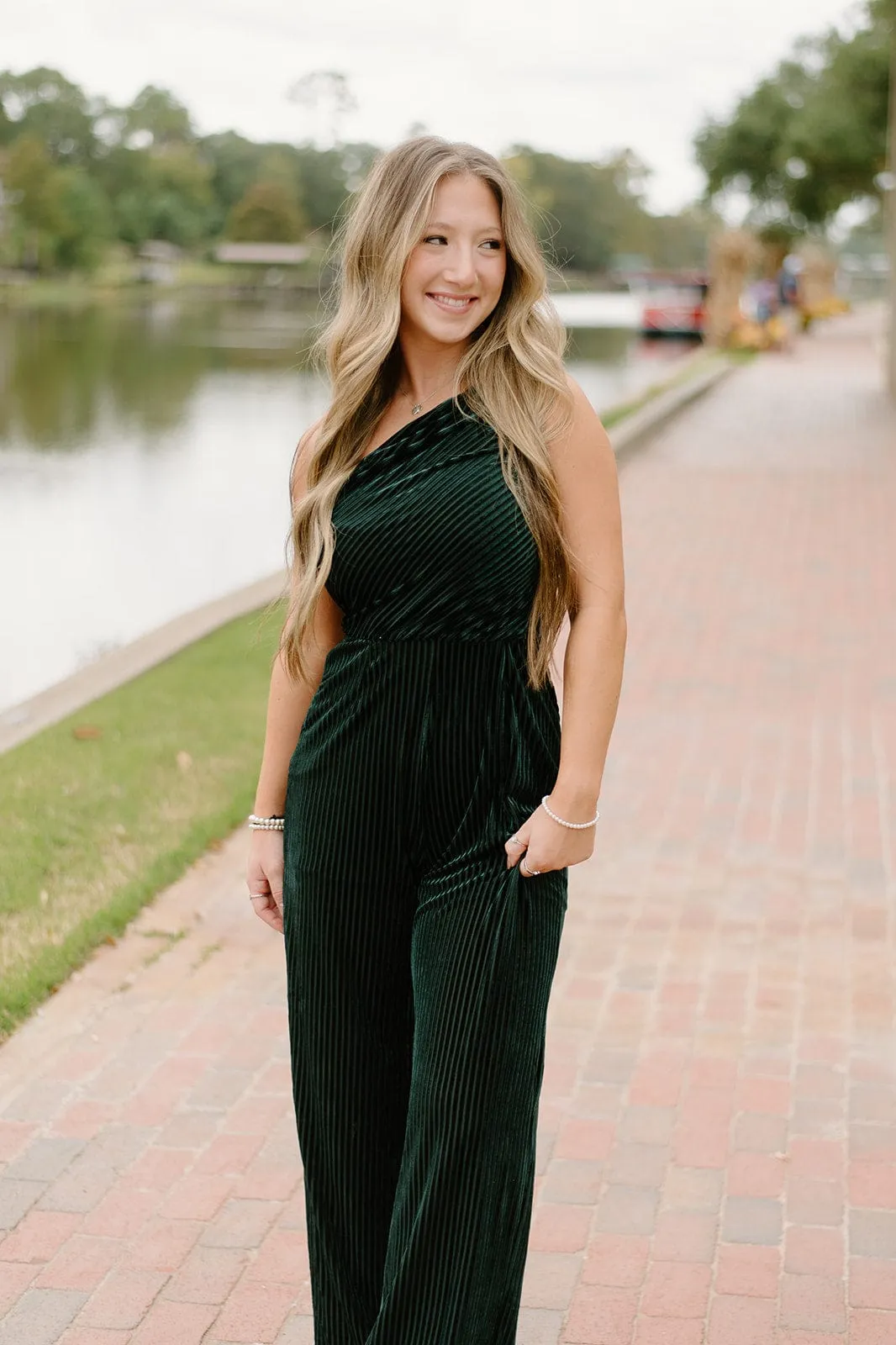 Green Velvet Stripe One Shoulder Jumpsuit