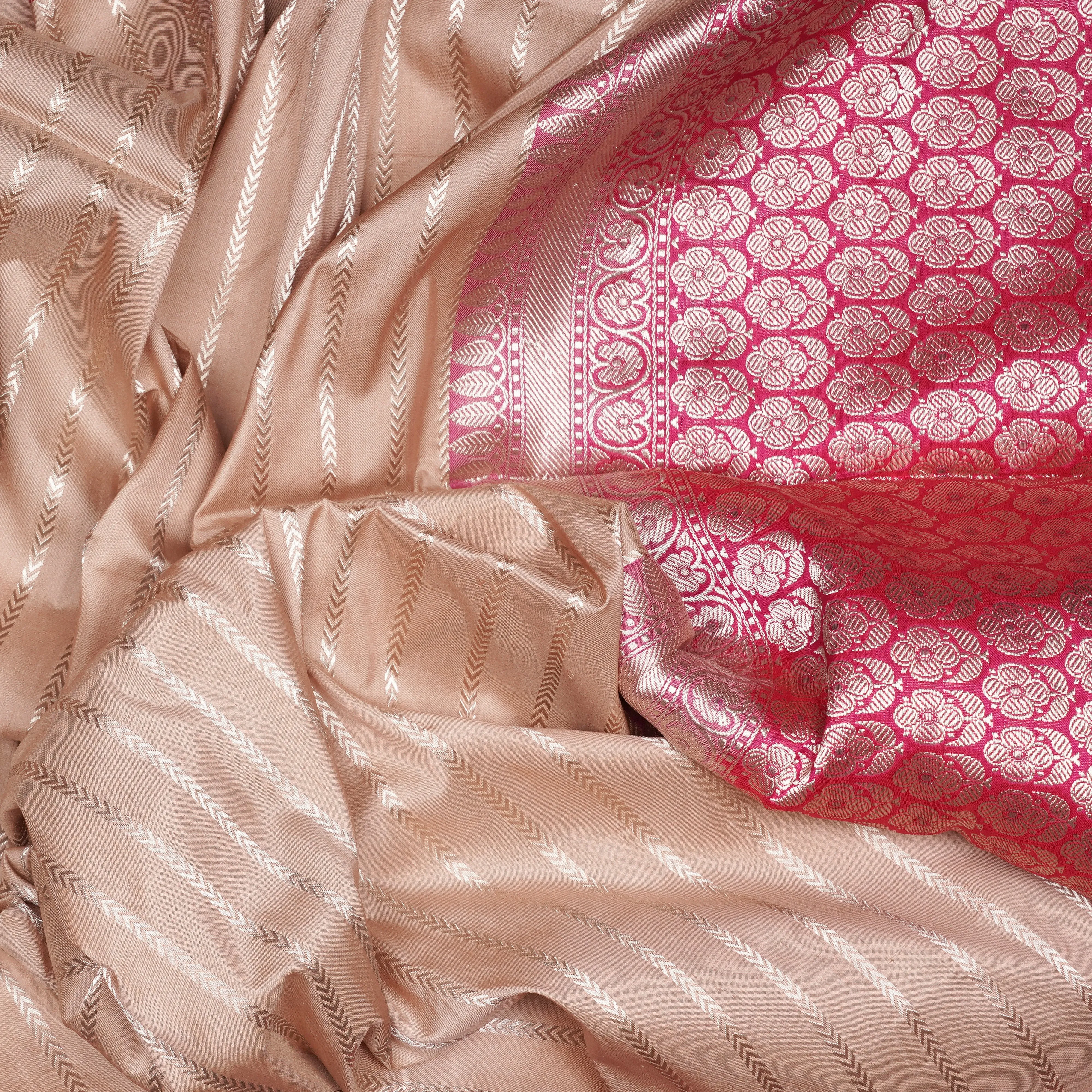 Handwoven Beige with Pink Banarasi Silk Saree - 2091N011116DSC