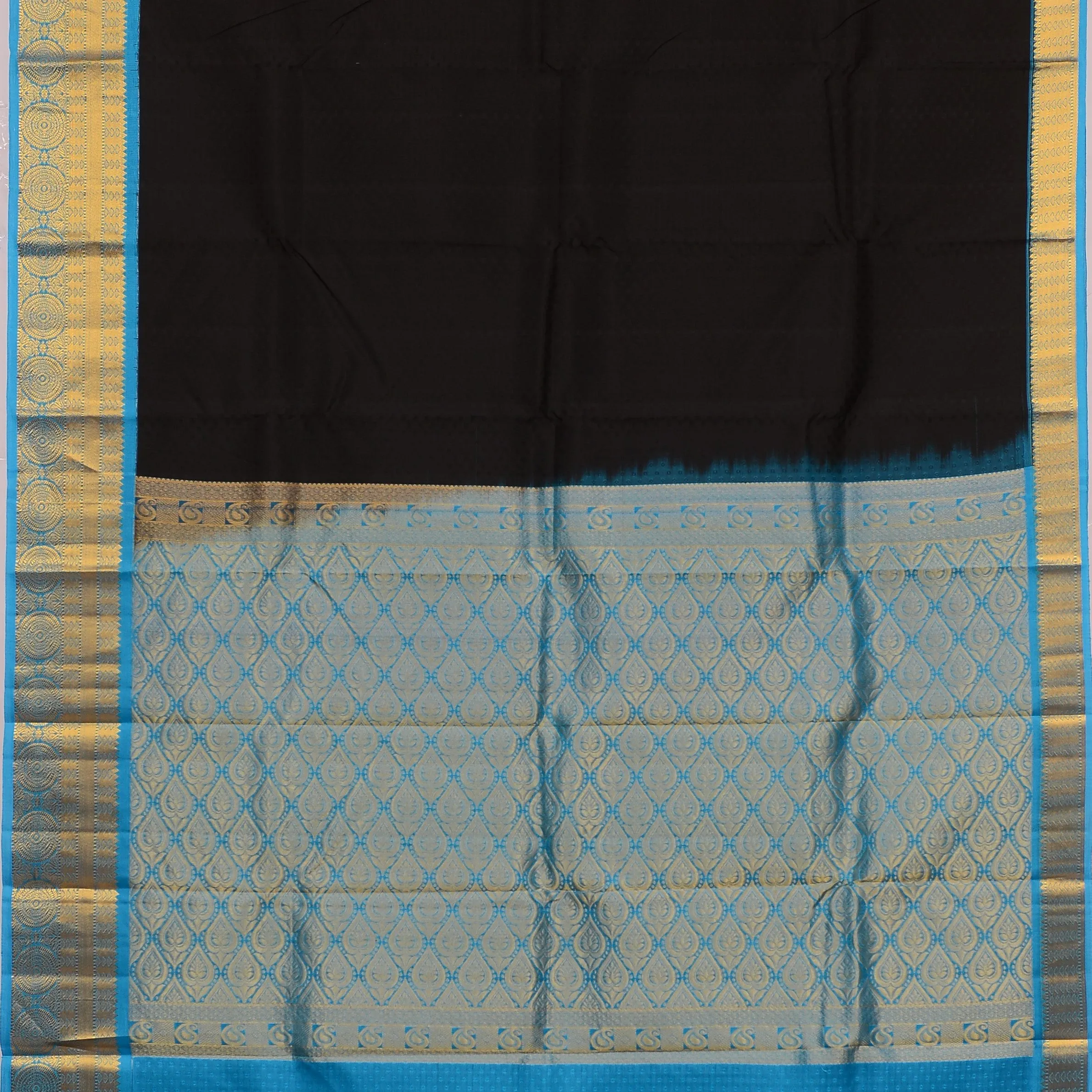 Handwoven Black with Blue Bangalore Silk Saree - 166N012605DSJ