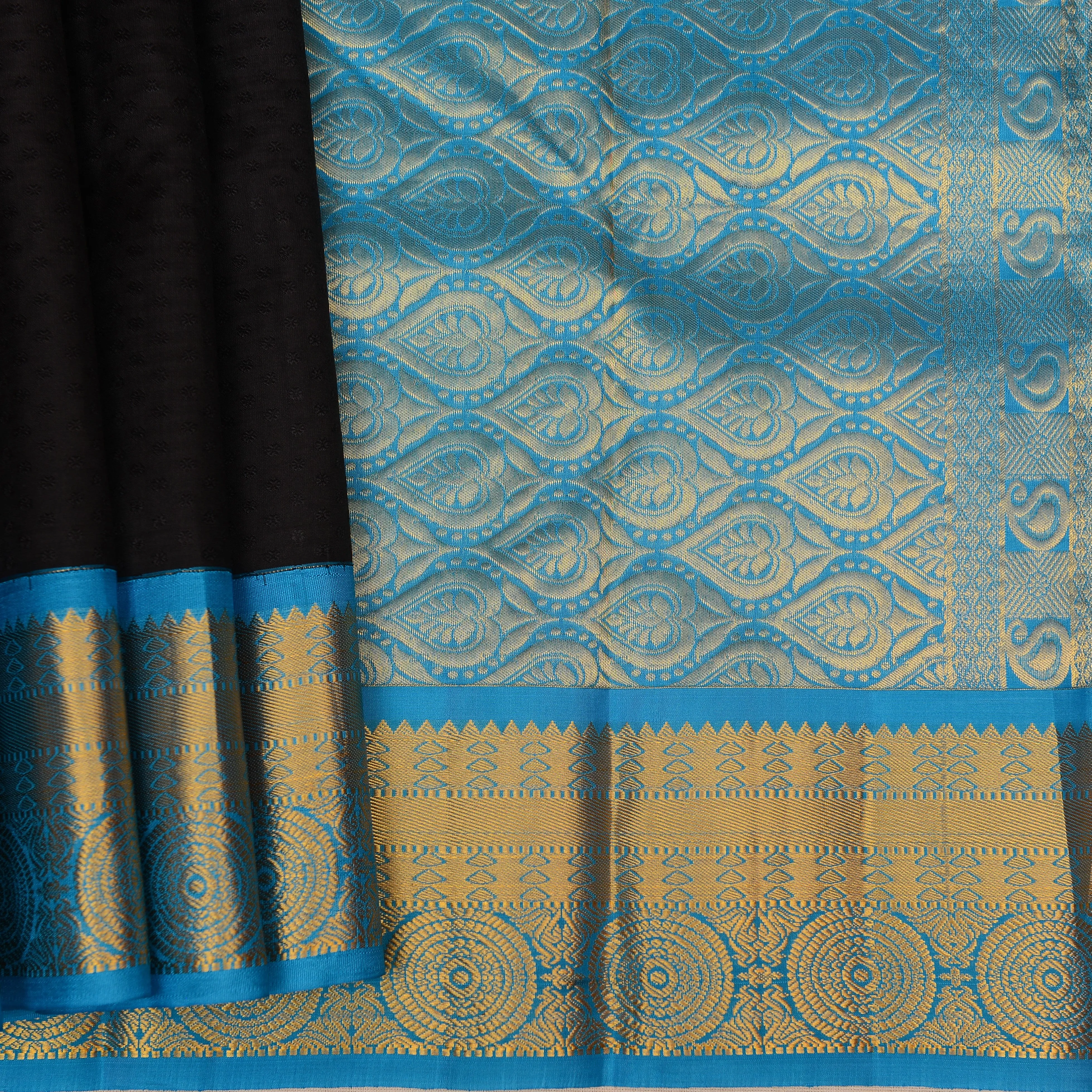 Handwoven Black with Blue Bangalore Silk Saree - 166N012605DSJ