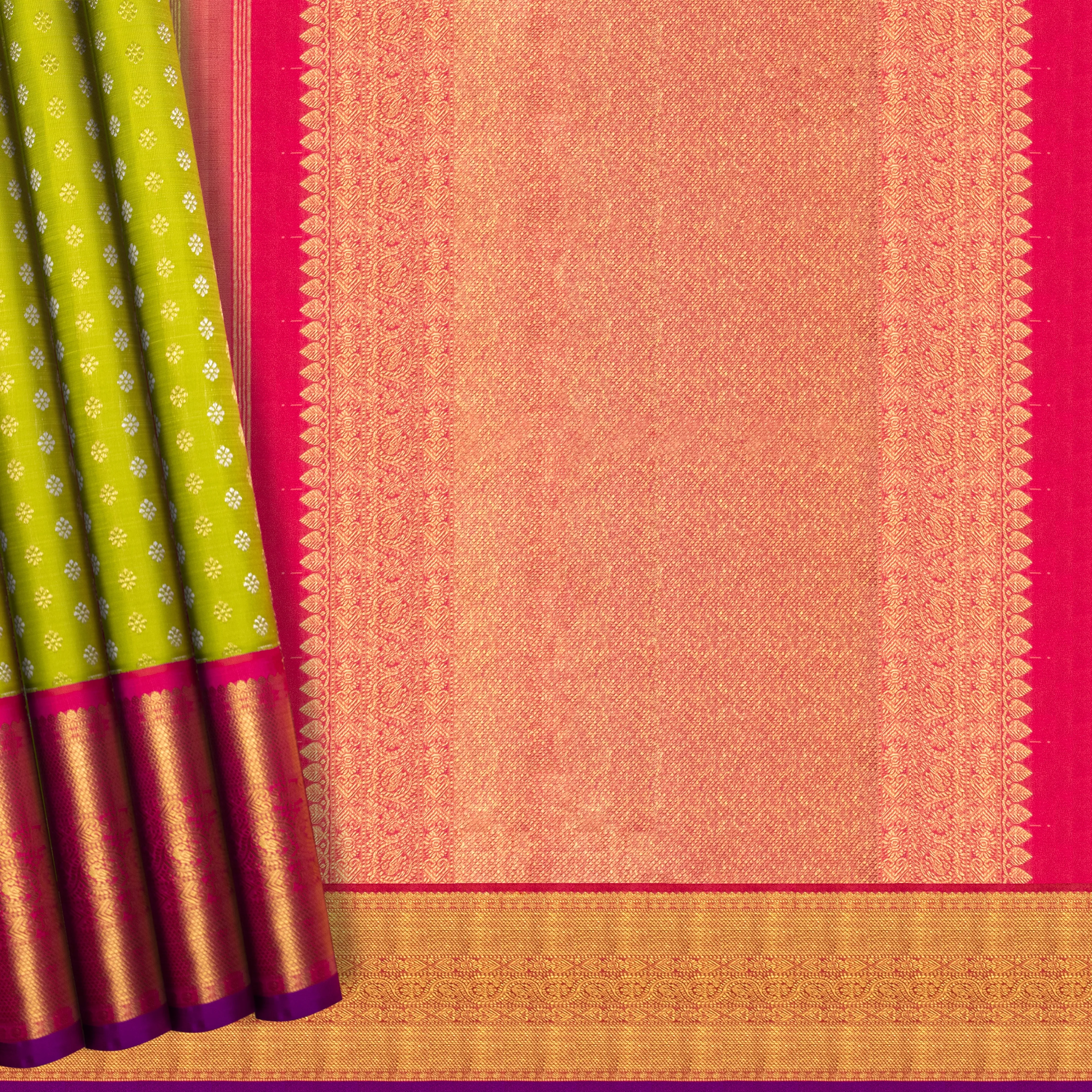 Handwoven Green with Pink Kanjivaram Silk Saree - 261T001485DSC