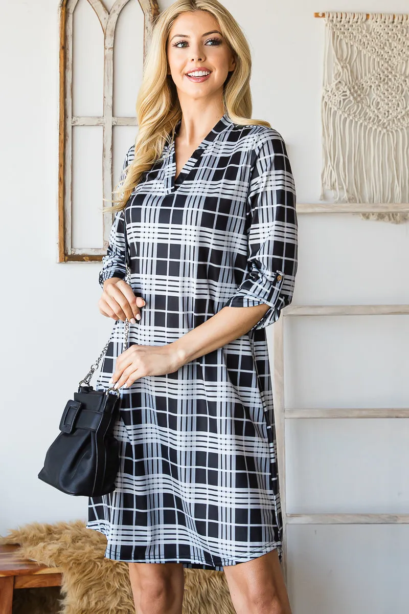 Haute Edition Women's 3/4 Plaid Roll-Tab Sleeve Shirt Dress