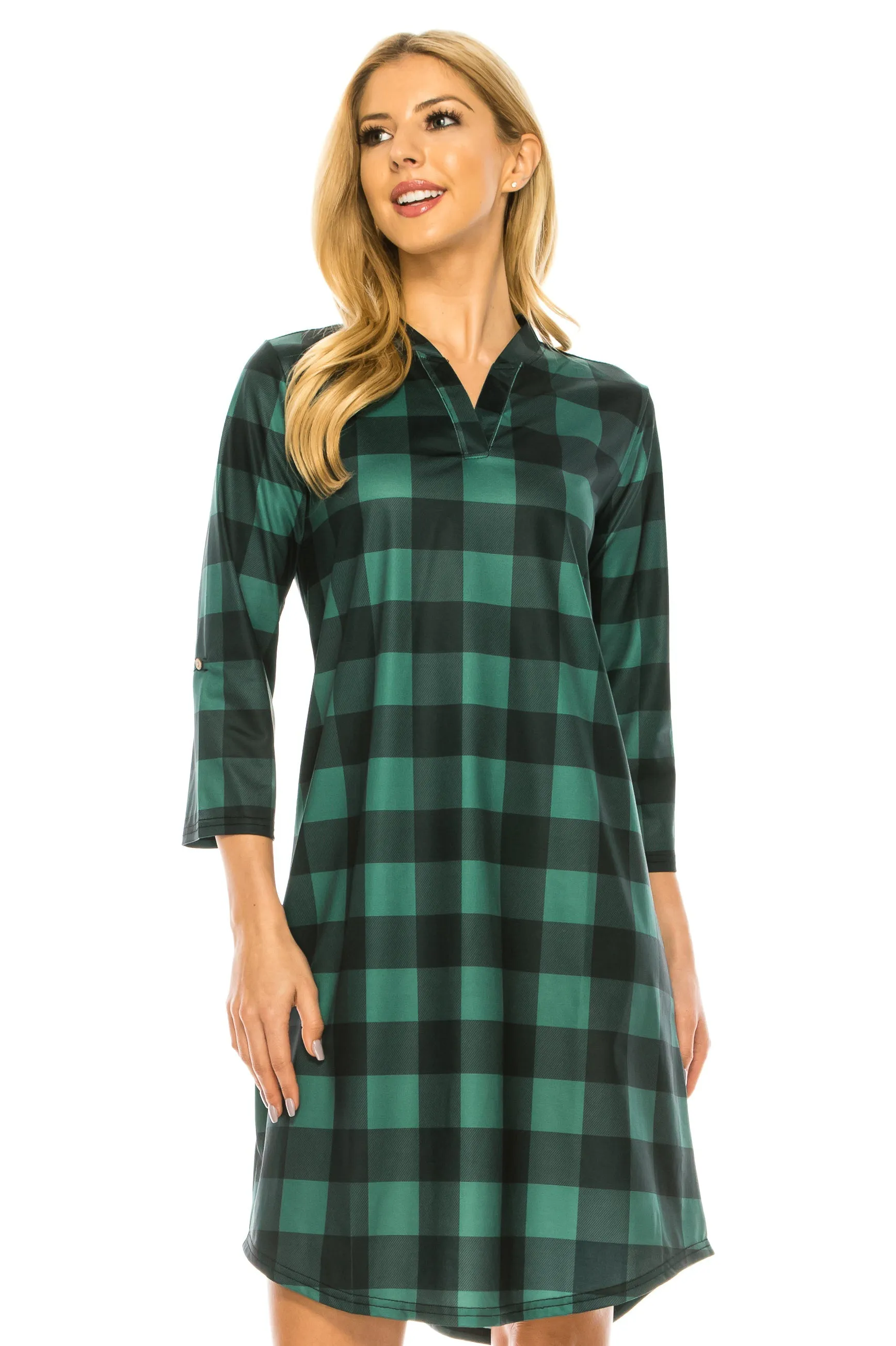 Haute Edition Women's 3/4 Plaid Roll-Tab Sleeve Shirt Dress